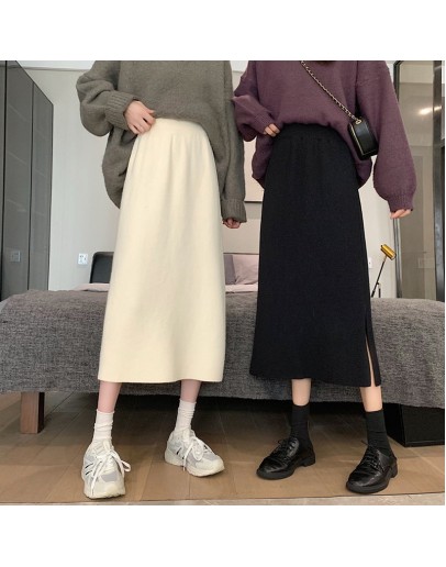  Autumn Midi Knitted Skirt for Women Elastic High Waist Side Split Straight Skirts Long Vintage Bottom Knitwear Faldas