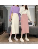  Autumn Midi Knitted Skirt for Women Elastic High Waist Side Split Straight Skirts Long Vintage Bottom Knitwear Faldas