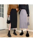  Autumn Midi Knitted Skirt for Women Elastic High Waist Side Split Straight Skirts Long Vintage Bottom Knitwear Faldas