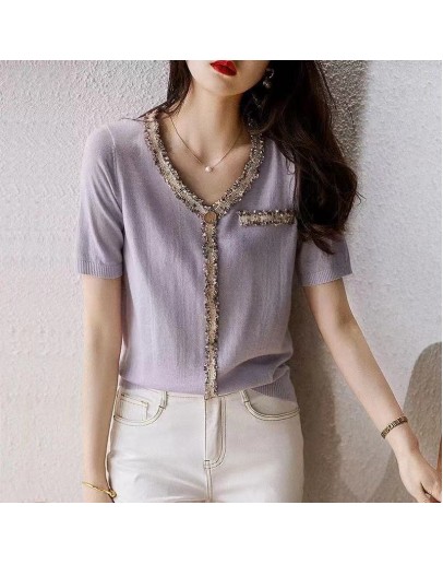 Summer Purple Knit T Shirt Women Clothes Patchwork V-Neck Short Sleeve Knitted Cardigan Elegant Tees Top Loose T-Shirts Female