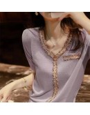 Summer Purple Knit T Shirt Women Clothes Patchwork V-Neck Short Sleeve Knitted Cardigan Elegant Tees Top Loose T-Shirts Female