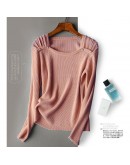  knit shirt for women high  2022 spring autumn long sleeve square collar solid t shirt all-match crop tops