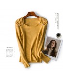  knit shirt for women high  2022 spring autumn long sleeve square collar solid t shirt all-match crop tops