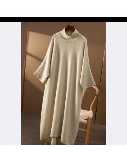 Three Quarter sleeve knitted dress autumn winter  retro solid half turtleneck losse sweater dresses women good 