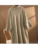 Three Quarter sleeve knitted dress autumn winter  retro solid half turtleneck losse sweater dresses women good 