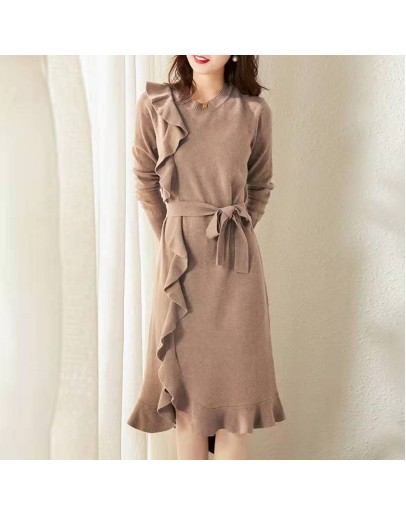 Autumn Winter Elegant French able Sweater Dress Temperament Ruffles Lace Up Long-sleeved Knitted Solid Dresses Women