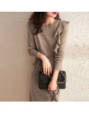 Autumn Winter Elegant French able Sweater Dress Temperament Ruffles Lace Up Long-sleeved Knitted Solid Dresses Women