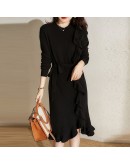 Autumn Winter Elegant French able Sweater Dress Temperament Ruffles Lace Up Long-sleeved Knitted Solid Dresses Women