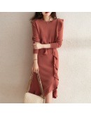 Autumn Winter Elegant French able Sweater Dress Temperament Ruffles Lace Up Long-sleeved Knitted Solid Dresses Women