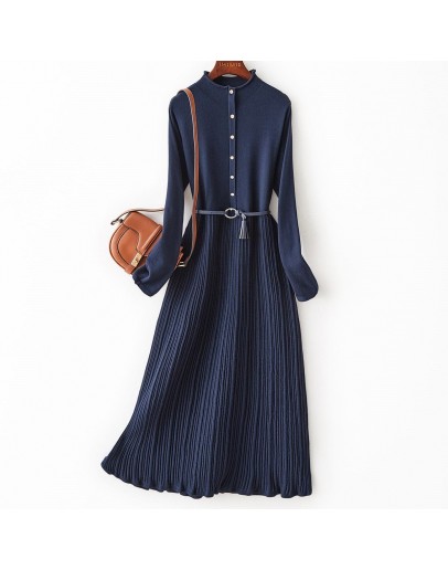 Elegant Long Knitted Dress Women with Belt Autumn Winter   Single-breasted Sapphire Blue Pleated Dresses