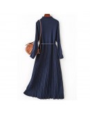 Elegant Long Knitted Dress Women with Belt Autumn Winter   Single-breasted Sapphire Blue Pleated Dresses