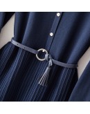 Elegant Long Knitted Dress Women with Belt Autumn Winter   Single-breasted Sapphire Blue Pleated Dresses