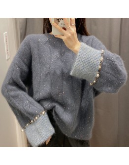 Fall Winter Fluffy Sweater Women's Beading Pullover Winter Warm Oversized Cropped Sweaters Harajuku Jumper Knitwear Clothes