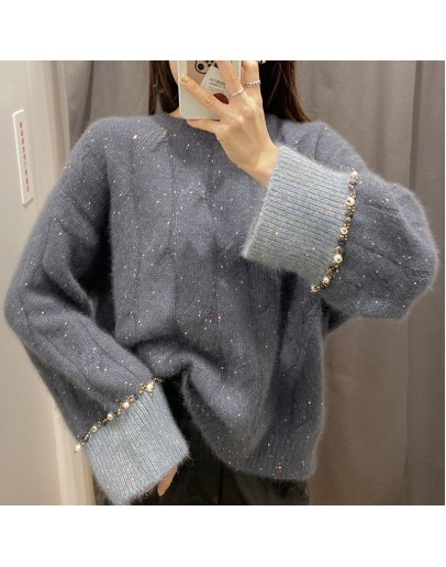 Fall Winter Fluffy Sweater Women's Beading Pullover Winter Warm Oversized Cropped Sweaters Harajuku Jumper Knitwear Clothes