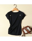  Ice Silk Knit Tops for Women  Summer Short Sleeve O Neck Beading Tshirt  Graphic Tees Clothes Ladies Cropped