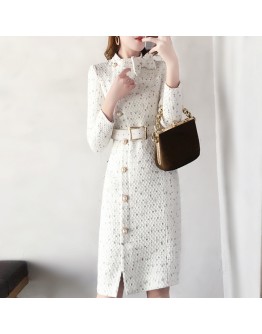  Spring Woolen Dress Women  Autumn Wool Tweed Dresses Women Elegant Side Split Belted Vestidos Female Robes