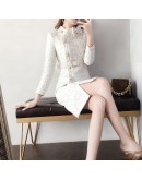  Spring Woolen Dress Women  Autumn Wool Tweed Dresses Women Elegant Side Split Belted Vestidos Female Robes