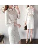  Spring Woolen Dress Women  Autumn Wool Tweed Dresses Women Elegant Side Split Belted Vestidos Female Robes