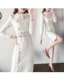  Spring Woolen Dress Women  Autumn Wool Tweed Dresses Women Elegant Side Split Belted Vestidos Female Robes