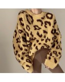 Autumn Winter Leopard Printed Women's Pullovers O-Neck Casual Loose Oversized Lazzy Oaf Ladies Knitting Tops Sweaters