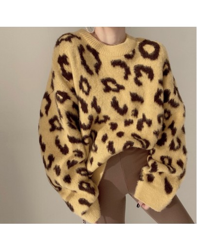 Autumn Winter Leopard Printed Women's Pullovers O-Neck Casual Loose Oversized Lazzy Oaf Ladies Knitting Tops Sweaters