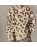 Autumn Winter Leopard Printed Women's Pullovers O-Neck Casual Loose Oversized Lazzy Oaf Ladies Knitting Tops Sweaters