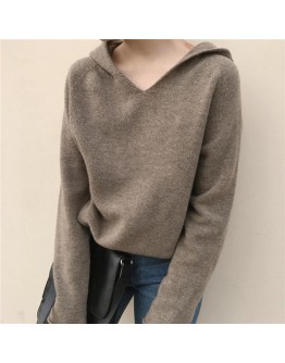  Fall Hooded Sweater Women Solid Loose Knitted Pullover  Cropped Sweaters Outerwear Harajuku Jumpers Knitwear Clothes