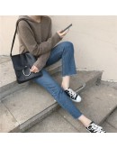  Fall Hooded Sweater Women Solid Loose Knitted Pullover  Cropped Sweaters Outerwear Harajuku Jumpers Knitwear Clothes