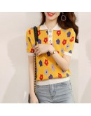  Summer  Style Flower Print Knitted TShirt Women Temperament Short Sleeve Polo Shirt Female Sweet Kawaii Tops Tee