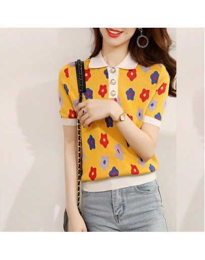  Summer  Style Flower Print Knitted TShirt Women Temperament Short Sleeve Polo Shirt Female Sweet Kawaii Tops Tee