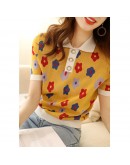  Summer  Style Flower Print Knitted TShirt Women Temperament Short Sleeve Polo Shirt Female Sweet Kawaii Tops Tee