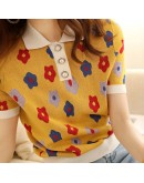  Summer  Style Flower Print Knitted TShirt Women Temperament Short Sleeve Polo Shirt Female Sweet Kawaii Tops Tee