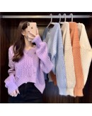  Autumn Winter Loose Pullover Sweater for Women   Lazy Frayed Hole Twist Knitted Cropped Jumpers Knitwear