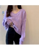  Autumn Winter Loose Pullover Sweater for Women   Lazy Frayed Hole Twist Knitted Cropped Jumpers Knitwear