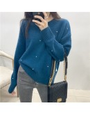 Fall Beading Pullover Sweater  Spring Cropped Sweaters European Solid Loose Jumper Fluffy Blue Knitwear Tops