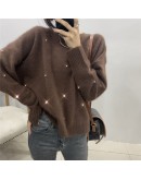 Fall Beading Pullover Sweater  Spring Cropped Sweaters European Solid Loose Jumper Fluffy Blue Knitwear Tops