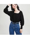  chic knit sweater women's autumn winter  square collar top lazy wind pullover twist sweaters harajuku jumper