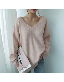 Autumn Winter Loose Pullover Sweater Women's V-Neck Solid Knitted Jumper   Puffer Lazy Oversize Cropped Tops