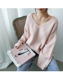 Autumn Winter Loose Pullover Sweater Women's V-Neck Solid Knitted Jumper   Puffer Lazy Oversize Cropped Tops