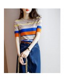  Summer Rainbow Stripe Knitted T Shirt for Women O-Neck Short Sleeve Thin Crop Tops Clothes Plus Size T-Shirt Female