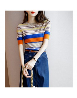  Summer Rainbow Stripe Knitted T Shirt for Women O-Neck Short Sleeve Thin Crop Tops Clothes Plus Size T-Shirt Female