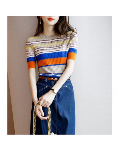  Summer Rainbow Stripe Knitted T Shirt for Women O-Neck Short Sleeve Thin Crop Tops Clothes Plus Size T-Shirt Female