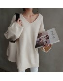 Autumn Winter Loose Pullover Sweater Women's V-Neck Solid Knitted Jumper   Puffer Lazy Oversize Cropped Tops