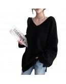 Autumn Winter Loose Pullover Sweater Women's V-Neck Solid Knitted Jumper   Puffer Lazy Oversize Cropped Tops