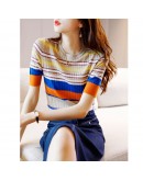  Summer Rainbow Stripe Knitted T Shirt for Women O-Neck Short Sleeve Thin Crop Tops Clothes Plus Size T-Shirt Female