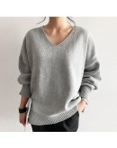 Autumn Winter Solid Loose Women's Knitted Pullover Sweater  Oversized Casual V-Neck Gray Sweaters Female Chic Tops