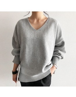 Autumn Winter Solid Loose Women's Knitted Pullover Sweater  Oversized Casual V-Neck Gray Sweaters Female Chic Tops