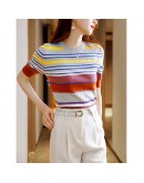  Summer Rainbow Stripe Knitted T Shirt for Women O-Neck Short Sleeve Thin Crop Tops Clothes Plus Size T-Shirt Female