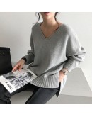 Autumn Winter Solid Loose Women's Knitted Pullover Sweater  Oversized Casual V-Neck Gray Sweaters Female Chic Tops