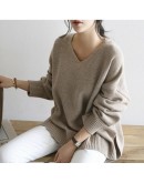 Autumn Winter Solid Loose Women's Knitted Pullover Sweater  Oversized Casual V-Neck Gray Sweaters Female Chic Tops